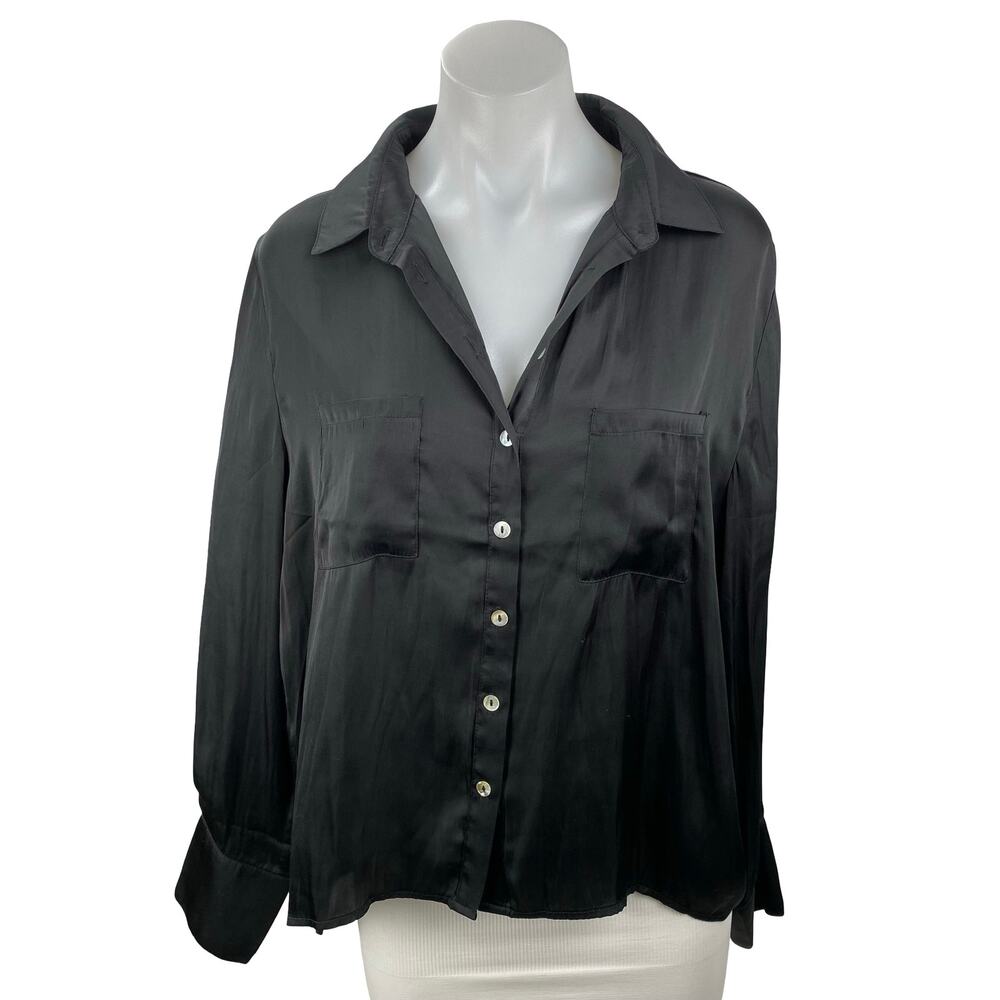 We're All Pretty Girls Black Silky Satin Long Sleeve Button Down Shirt Top Sz L